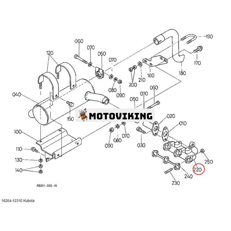 Avgasgrenrör 16244-12310 för Kubota Engine V1505
