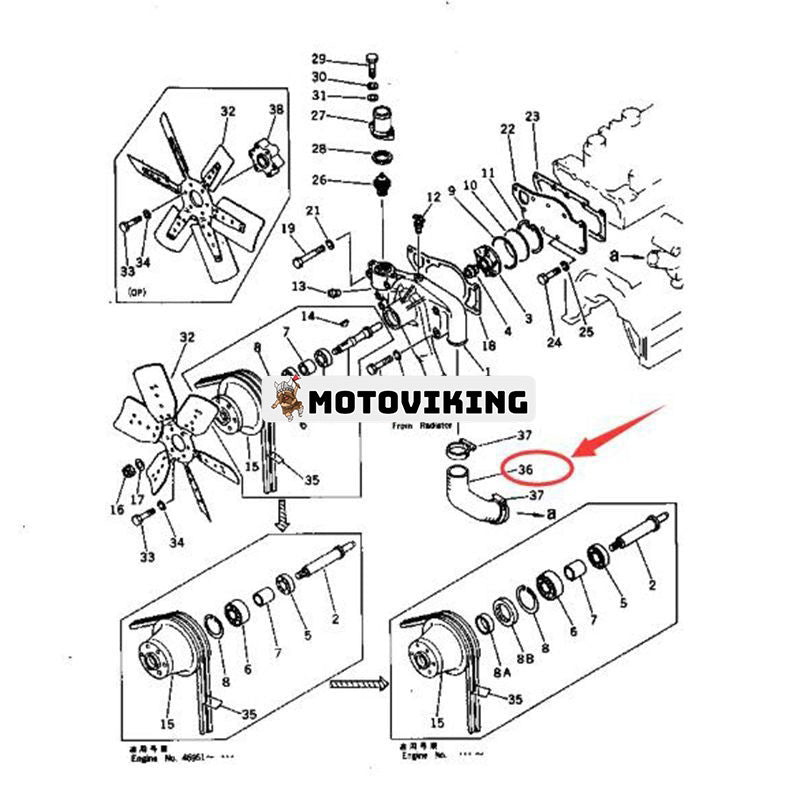 Vattenpump och kylfläktslang 6131-62-6510 för Komatsu S4D105-3B S4D105-3C S4D105-3D S4D105-3K motor