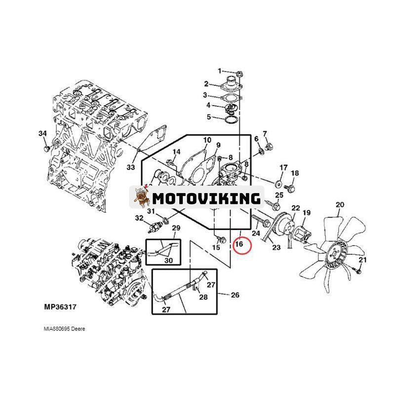 Vattenpump MIA880695 för John Deere 1445 1545 2027R 2520 3005 3TNV82A 7200 790 997