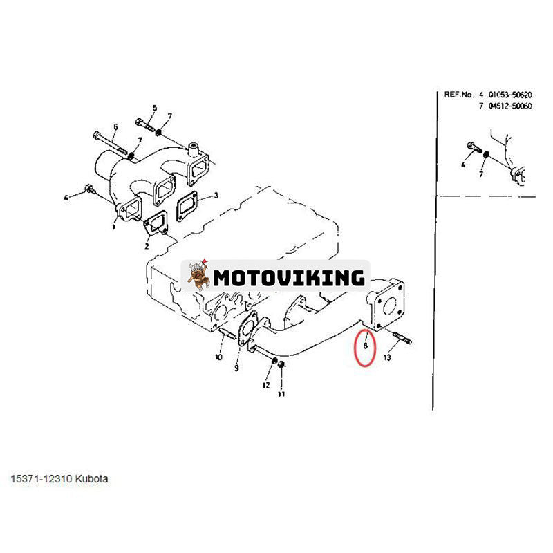 Avgasgrenrör 15371-12310 för Kubota Engine D950