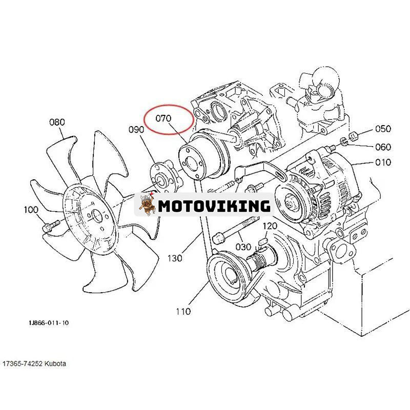 Fläktremskiva 17365-74252 för Kubota Engine D1403 D1503 D1703 D1803 V2203 V2403 V2607 V3307