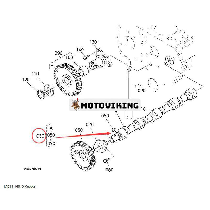 Kamaxel Assy With Gear 1A091-16010 för Kubota Engine V2203 V2403