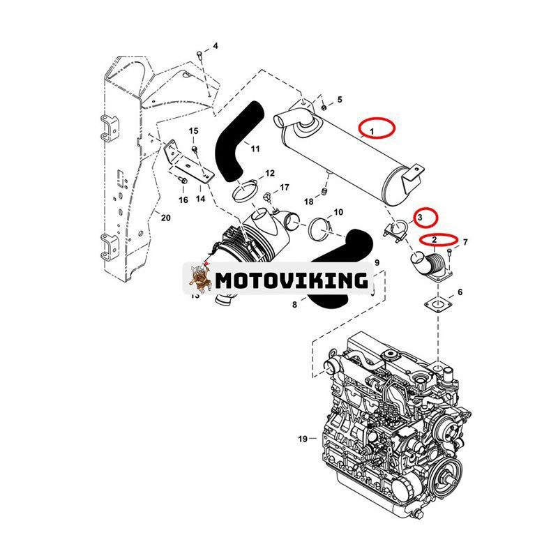 Avgasljuddämpare 7181055 med rör 7181083 7211391 och klämma 7101708 för Kubota Engine V2403 Bobcat Loader S530 S510