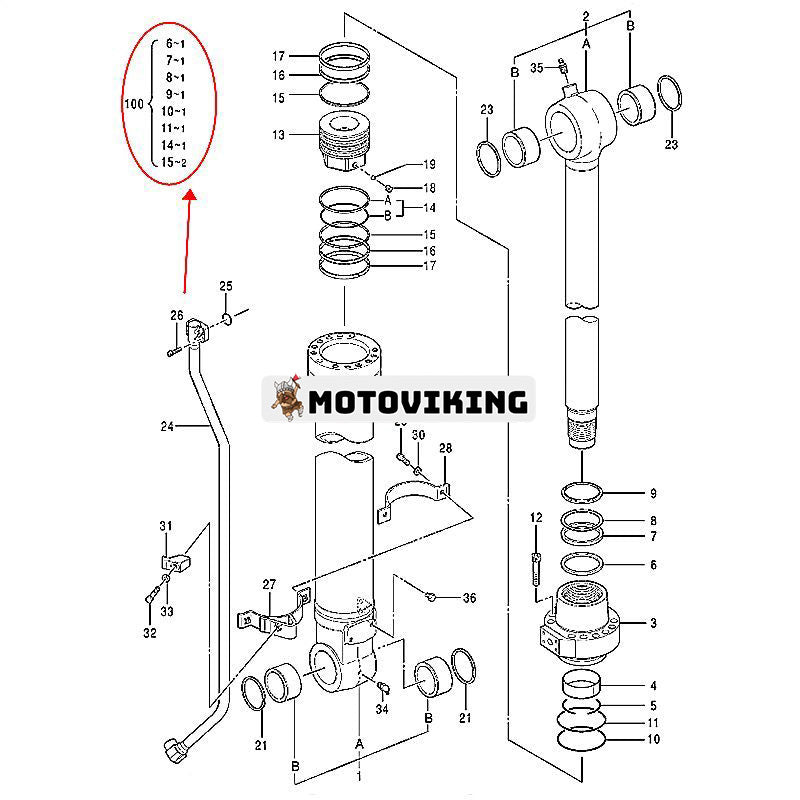 Skopcylindertätningssats YA00006592 för Hitachi grävmaskin ZX240-5G ZX240LC-5G ZX250H-5G ZX250K-5G ZX250LC-5B ZX250LCK-5G ZX470LCH-5B