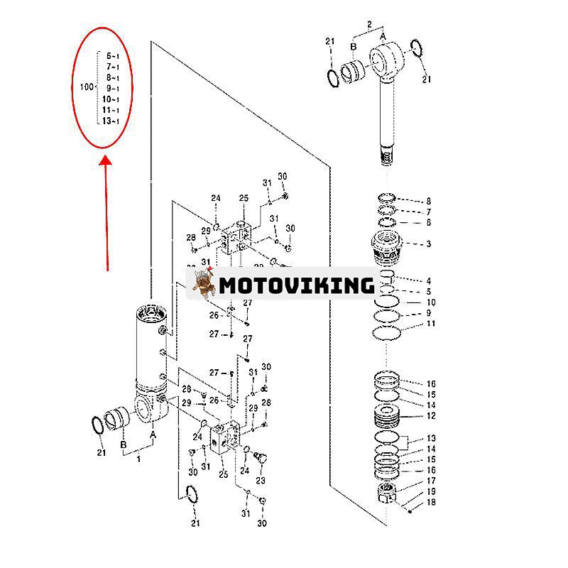 Bladcylindertätningssats 4616022 för Hitachi grävmaskin ZX130W ZX130W-AMS ZX160W ZX160W-AMS