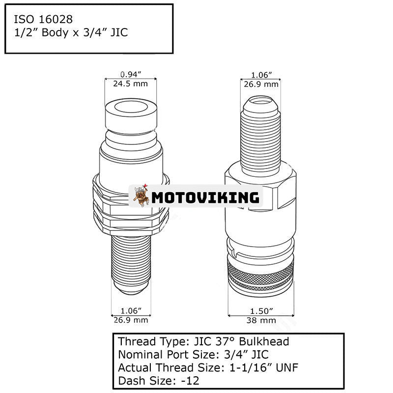 #12 JIC Flat Face Hydraulic Quick Connect Coupler för Bobcat 7753 773 863 873 963